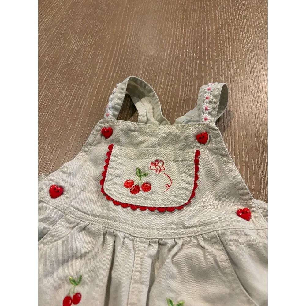 Baby Girls 6-9M Cherry Embroidered Overalls Romper Hearts Cottagecore Vintage